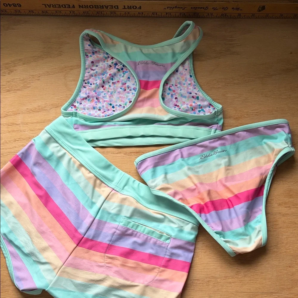 Eddie Bauer Girls' Pastel Rainbow Stripe Swim Set with Mint Trim Reversible